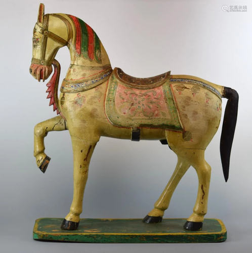 Antique Indian Wood Horse with Polychrome De…