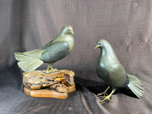 Pair Japanese Mixed Metal Pigeons - signed