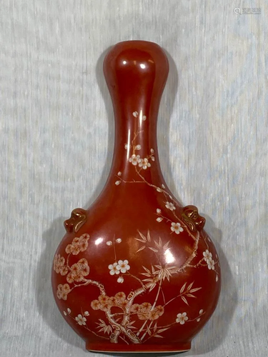 Chinese Coral Red Porcelain Wall Vase - Thre…