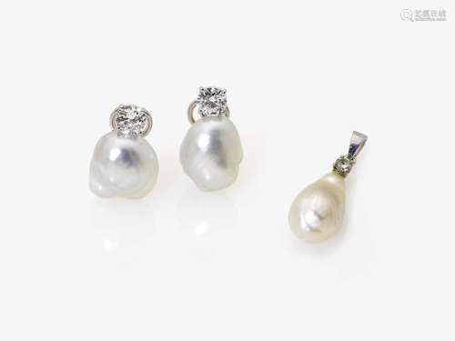 A Pair of Cultured Pearl and Diamond Earrings and a Pendant