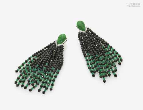 A Pair of Agate, Jade and Diamond Earrings