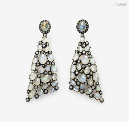 A Pair of Moonstone and Diamond Earrings