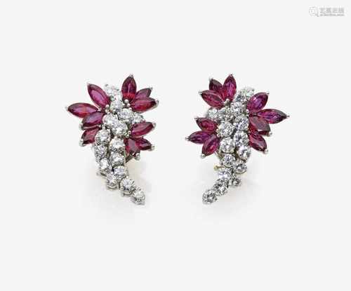 A Pair of Diamond and Ruby Earrings