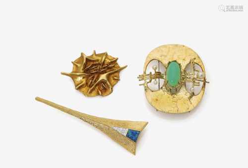 Three Brooches with Diamonds, Cultured Pearls, Chrysoprase and an Opal