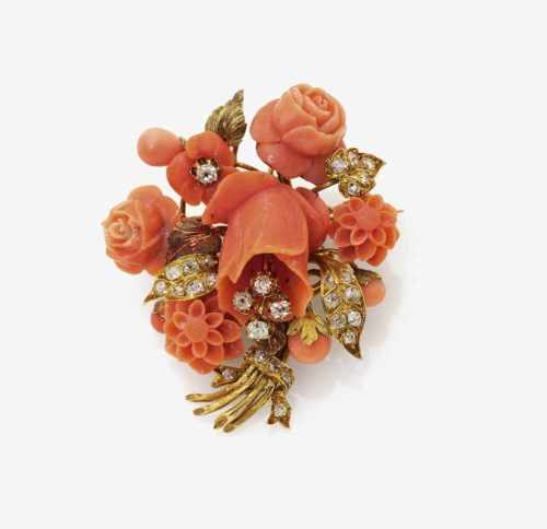 A Coral and Diamond Floral Bouquet Brooch