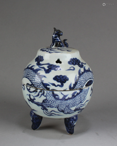 Chinese Blue & White Tripod Incense Burner