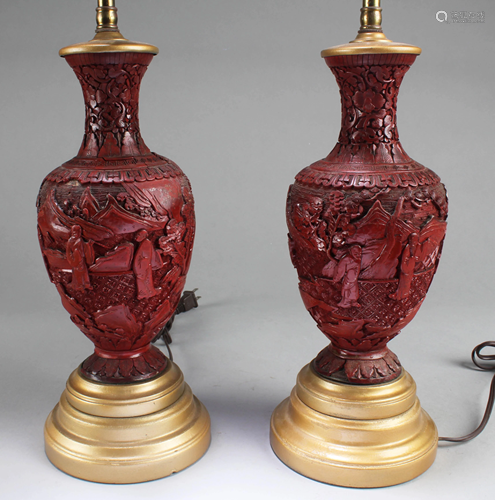 A Pair of Cinnabar Lacquer Table Lamp