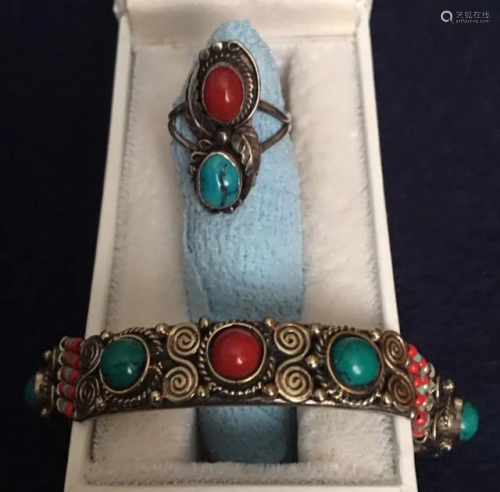 A Coral & Turquoise Bracelat and Ring. Bracela…