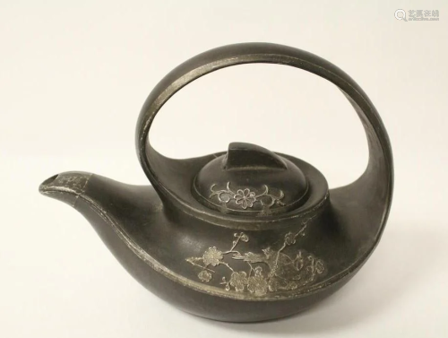 Yi Xing Teapot w/ Tin Decoration, signed,