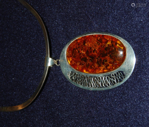 Amber Pendant in Silver Frame and Necklace…