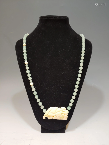 Necklace, Carved Bone & Green Stone