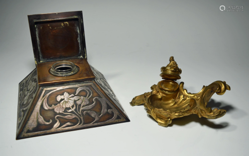 2 Bronze Art Nouveau Inkwells, Sterling…