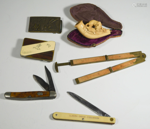 6 Assorted Items, Buckles, Knives, Pipe, Ruler