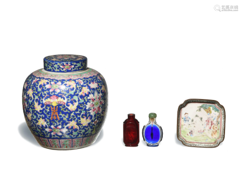 Ginger Jar; Tray & 2 Peking Glass Snuff Bottles