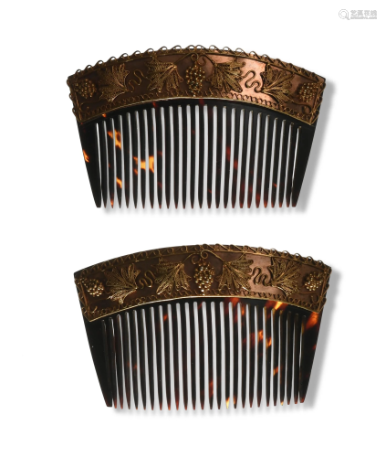 2 Faux Tortoise Shell & 14K Gold Hair Combs