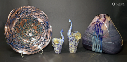 4 Pieces Studio Glass, Vase, Bowl & Eleph…