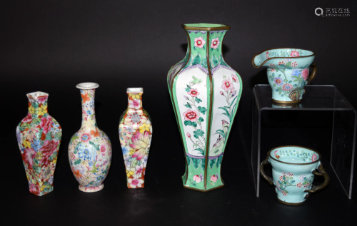 Six Chinese Millifiore & Enamel Vases & Cups