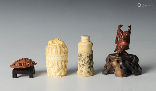 Group Asian Bone, Nut, Wood Carved Objects