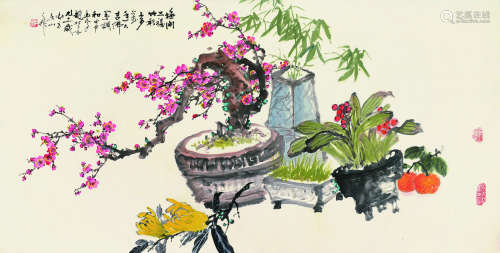 赵松泉（1914～2012） 甲申（2004）年作 梅开五福 镜片 设色纸本