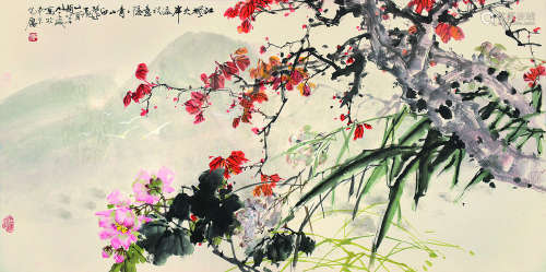 赵松泉（1914～2012） 乙酉（2005）年作 江枫白鹭飞 镜片 设色纸本