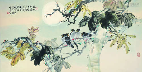 赵松泉（1914～2012） 癸酉（1993）年作 楝桐挂晓月 镜片 设色纸本