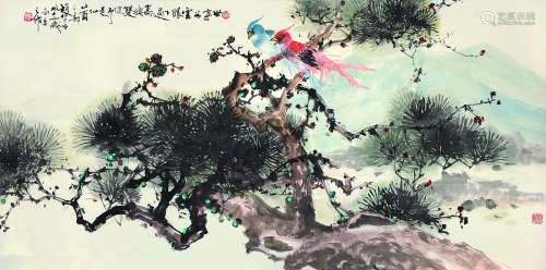 赵松泉（1914～2012） 乙酉（2005）年作 高栖双健即是仙 镜片 设色纸本