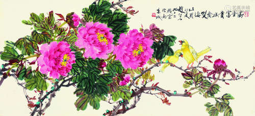 赵松泉（1914～2012） 乙酉（2005）年作 满堂富贵幽禽双栖 镜片 设色纸本