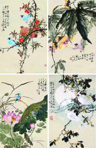 赵松泉（1914～2012） 丁丑（1997）年作 花鸟四屏 镜片 设色纸本