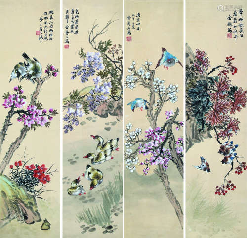 金梦石（1869～1952） 庚辰（1940）年作 四季花卉 （四幅） 镜框 设色纸本