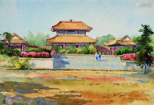 李咏森（1898～1998） 广州友谊关 镜片 设色纸本