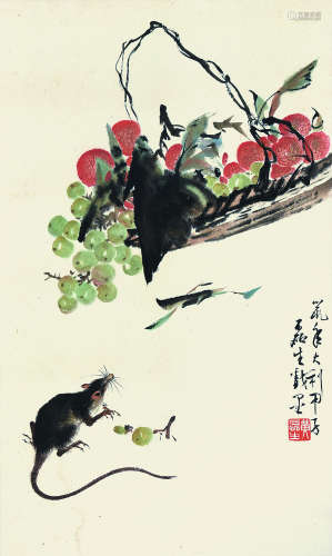 黄磊生（b.1928） 甲子（1984）年作 鼠年大利 镜片 设色纸本
