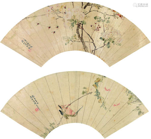 伍德彝（1864～1928） 丁酉（1897）年作 甲午（1894）年作 花鸟扇面二帧 （二幅） 扇片 设色纸本