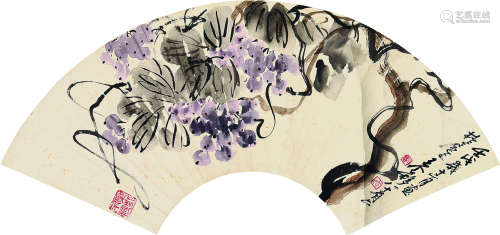 王个簃（1897～1988） 壬戌（1982）年作 花开春色 扇片 设色纸本