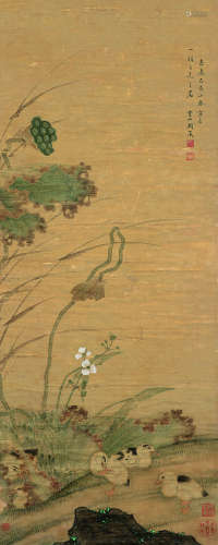 阙岚（清） 乙亥（1815）年作 荷塘鸭趣 屏轴 设色绢本