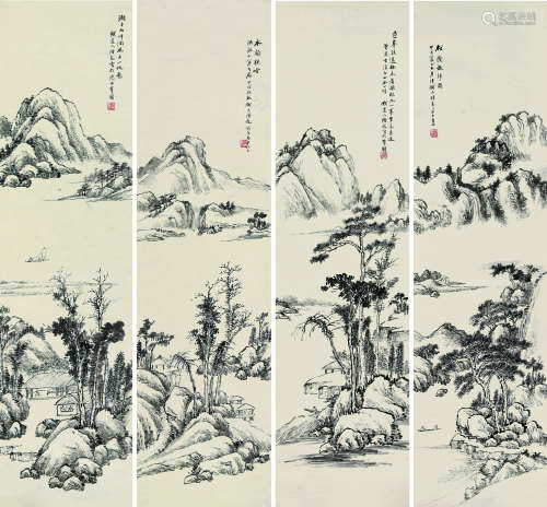 陆龙（1865～？） 松阴幽居四幅 （四幅） 屏轴 水墨纸本