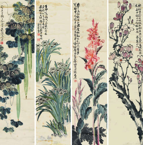 王道远（1892～1965） 花鸟四屏 四屏 设色纸本
