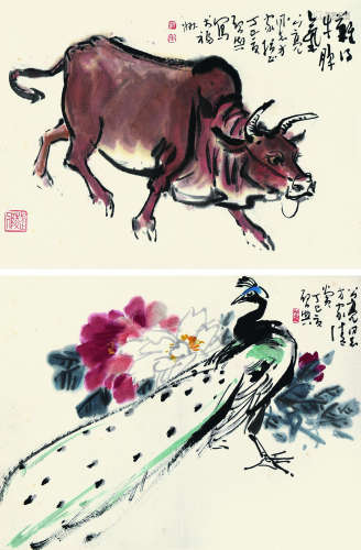 杨启与（当代） 丁巳（1977）年作 难得牛脾气、孔雀 （二幅） 镜片 设色纸本