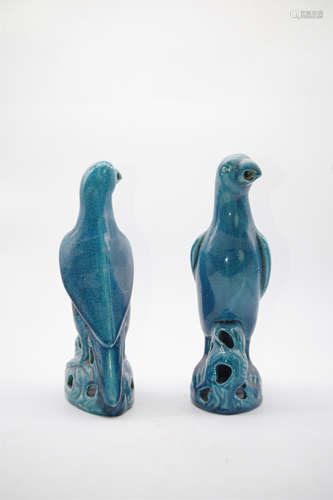 MATCHED PAIR BLUE GLAZED PARROTS