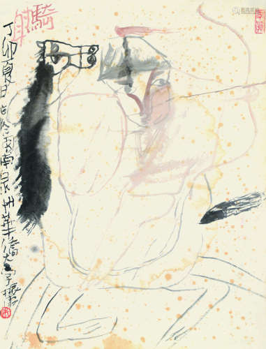 朱振庚（1939～2012） 丁卯（1987）年作 骑射图 镜心 设色纸本