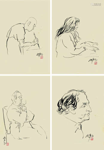 李延声（b.1943） 白描人物八帧 （八幅选四） 速写镜片 水墨纸本