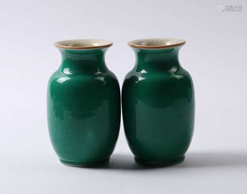 PAIR GREEN GLAZED LANTERN VASES QING DYNASTY