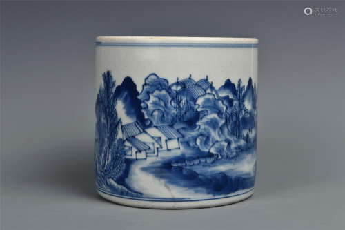 A BLUE AND WHITE FIGURES IN LANDSCAPE BRUSH-POT QING DYANSTY