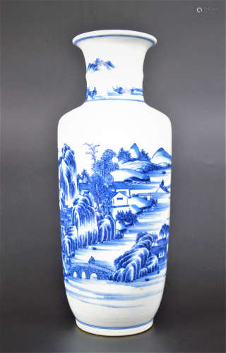 A BLUE AND WHITE FIGURES IN LANDSCAPE ROULEAU VASE QING DYNASTY