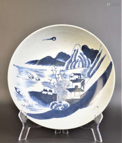 A BLUE AND WHITE LANDSCAPE PLATE QING DYNASTY