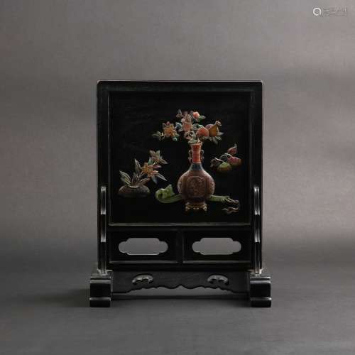 A HARD-STONES INLAID ROSEWOOD TABLE SCREEN