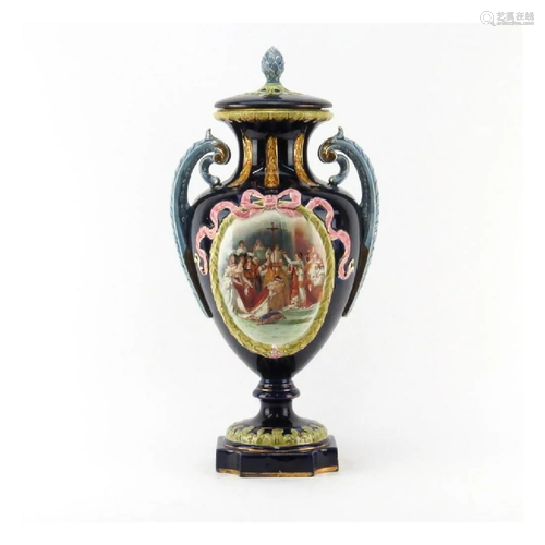 Antique Majolica Covered Urn