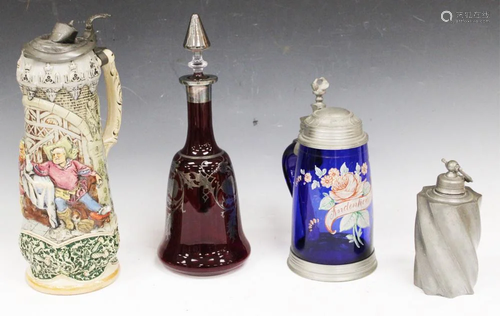 LOT (4) GERMAN BEER STEINS, DECANTER