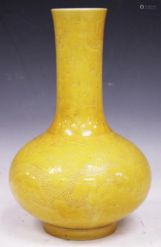 CHINESE CARVED YELLOW GLAZED STEM N…