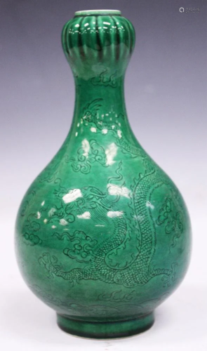 CHINESE GREEN FLAMBE POTTERY VASE W…