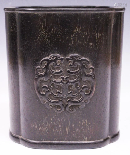 CHINESE CARVED WOOD BRUSH POT